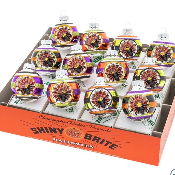 12 Halloween Radko Reflector Glass Ball Ornaments with Black Spiders Inside - Picture 3 of 12